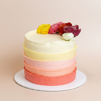 Single-tier cake with five horizontal buttercream bands fading from white through pale yellow, pink, and coral to deep coral at the base, topped with fresh ranunculus blooms in yellow, pink, coral, burgundy, and white