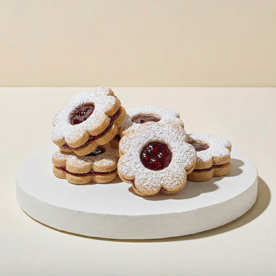 Flower-shaped Linzer sandwich cookies on a white pedestal, dusted with powdered sugar, with round cut-outs revealing glossy raspberry jam