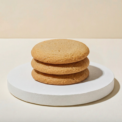Three large flat golden-brown butter cookies stacked on a white pedestal with a smooth unadorned surface