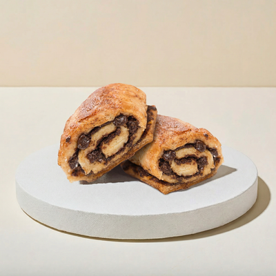 Two rugelach on a white pedestal showing spiral cross-sections of flaky golden dough rolled around dark chocolate and cinnamon filling