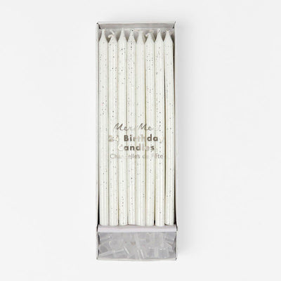 pack of 24 Meri Meri silver glitter candles with holders